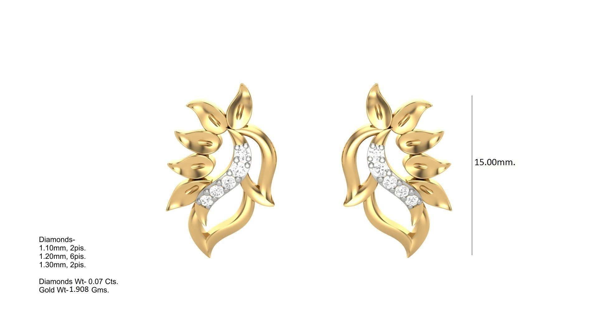 Leaves Light weight Diamond Studs Earrings 3dm stl renders 3D print model_3