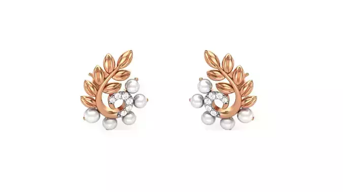 Pearl Leaves Light weight Diamond Studs Earrings 3dm stl renders