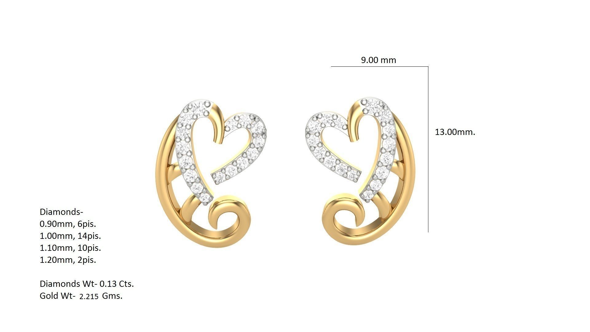 Heart Love Valentine Light weight Diamond Studs Earrings 3dm 3D print model_3