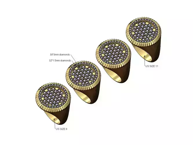 Iced diamond fluted round signet ring US sizes 8to11