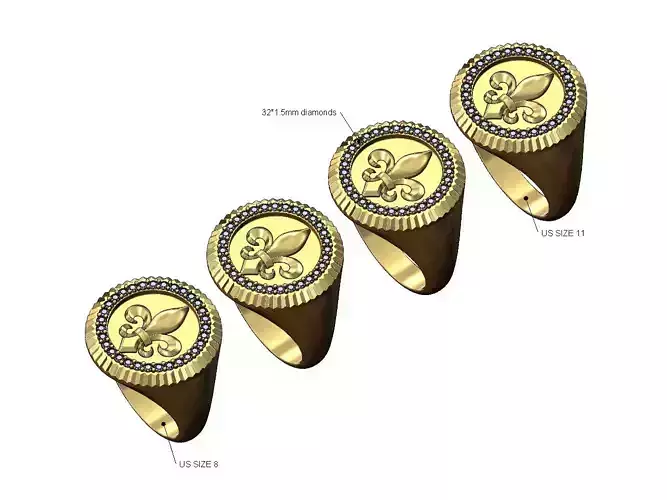 Fluted royal lily round diamond signet ring US sizes 8to11