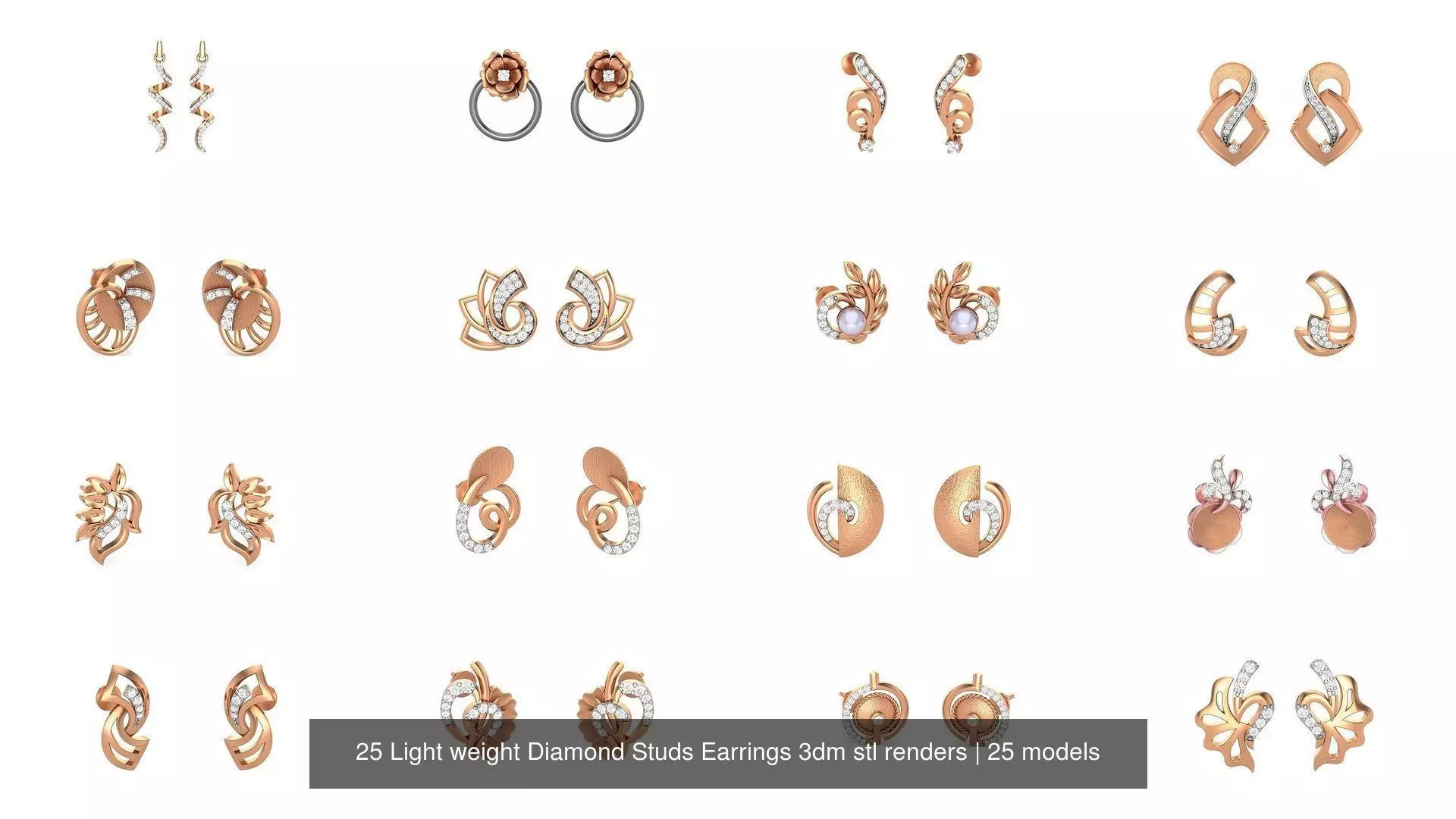 25 Leaves Flower Nature Light weight Diamond Studs Earrings 3dm 3D Model Collection_1