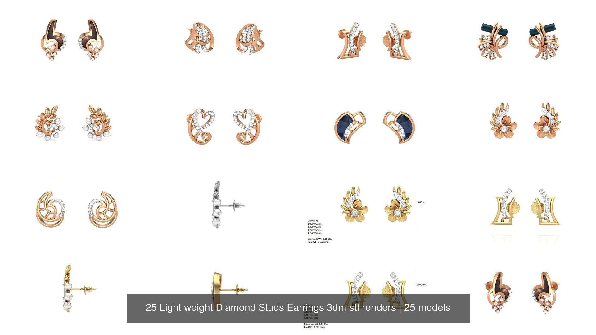 25 Leaves Flower Nature Light weight Diamond Studs Earrings 3dm 3D Model Collection_3