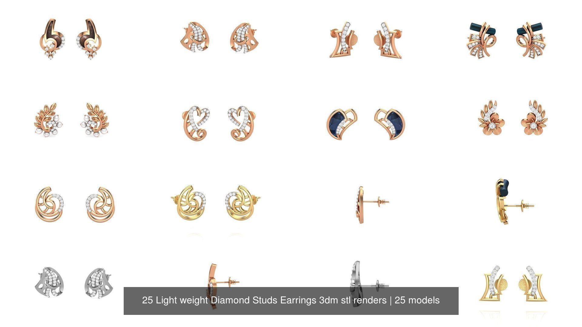 25 Leaves Flower Nature Light weight Diamond Studs Earrings 3dm 3D Model Collection_2