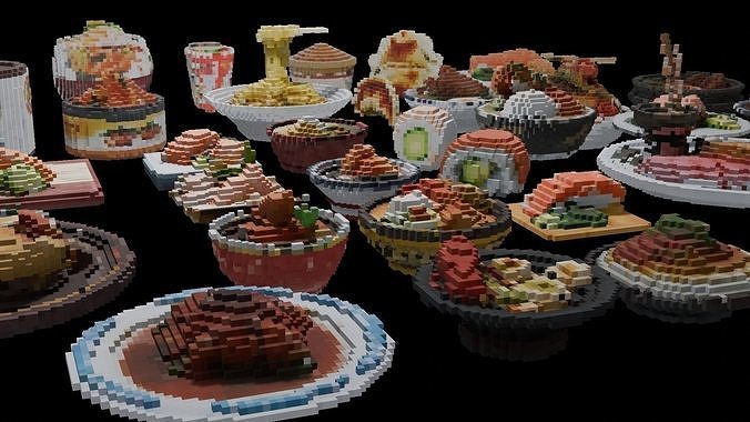 Tiny Asian Food 3D Model Collection Retro Pixel Style Low-poly 3D model 3