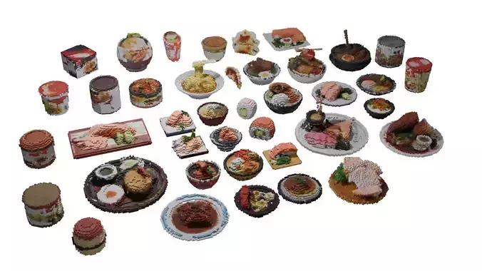 Tiny Asian Food 3D Model Collection Retro Pixel Style