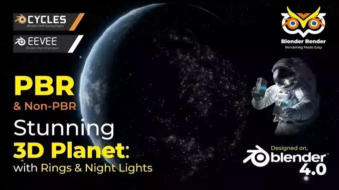 Photorealistic 3D Planet Model Featuring Rings and Night Lights Low-poly 3D model