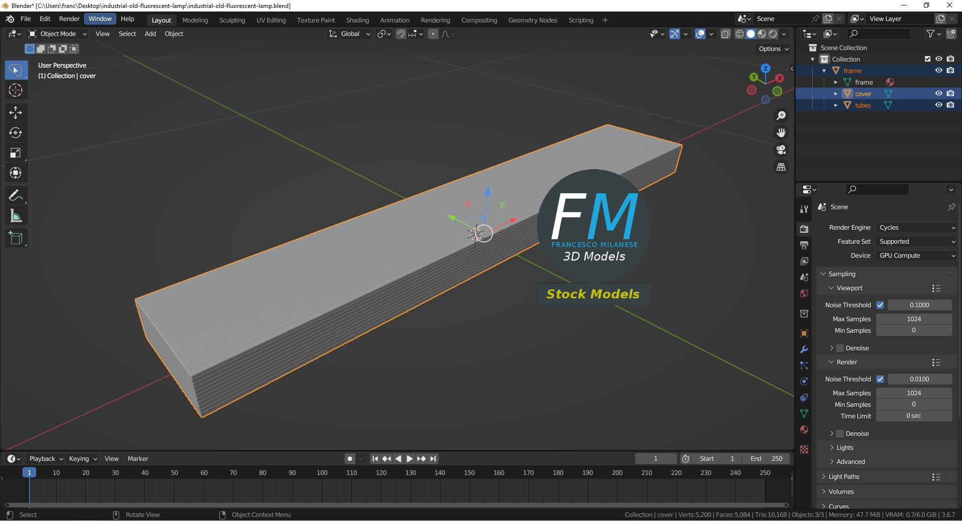 Industrial old fluorescent lamp 3D model_9