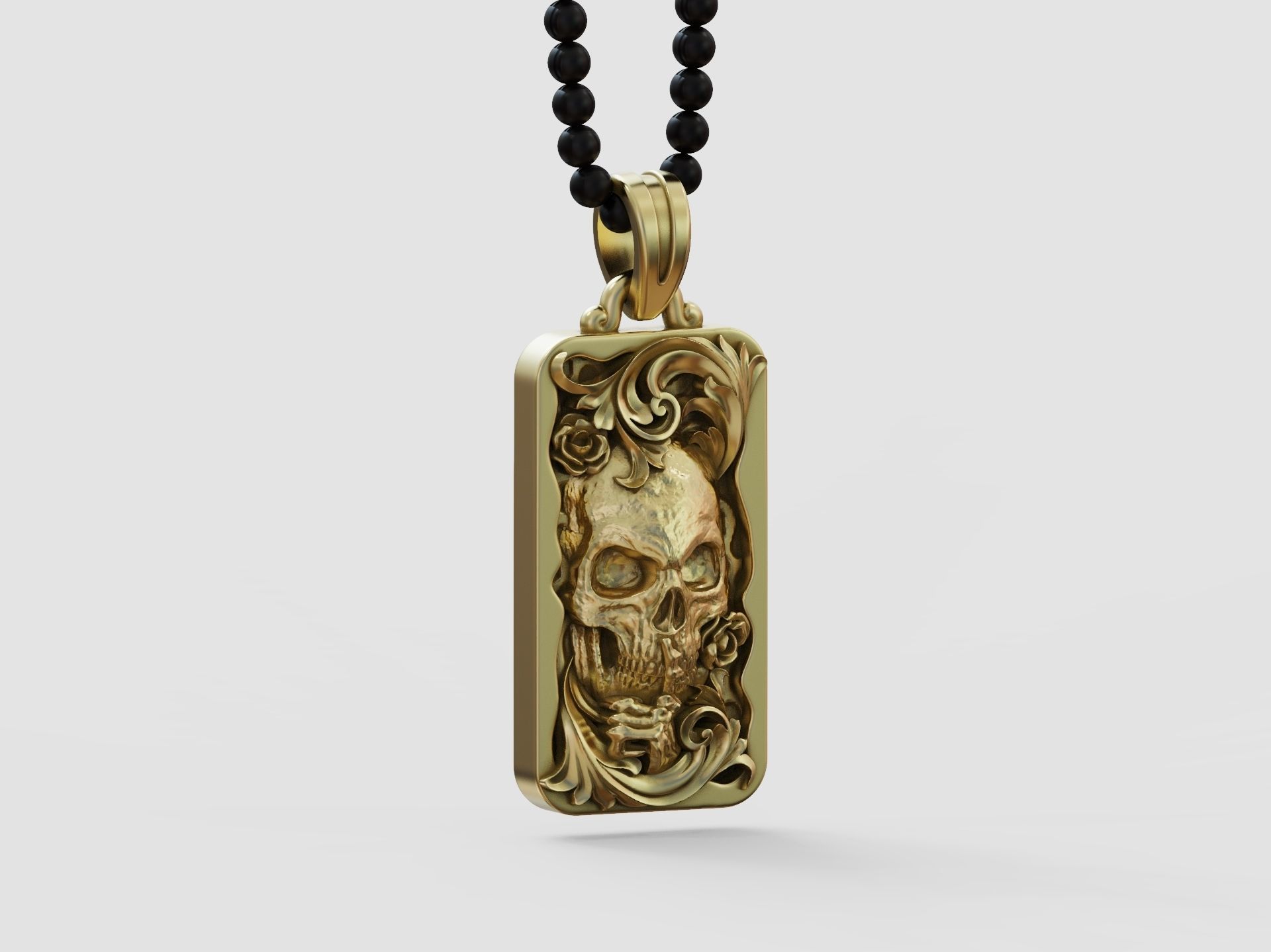 Skull skeleton floral scrolls roses pendant 3D print model_7