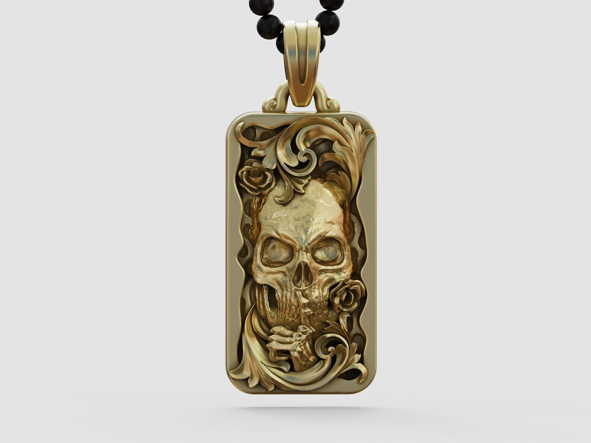 Skull skeleton floral scrolls roses pendant 3D print model_5