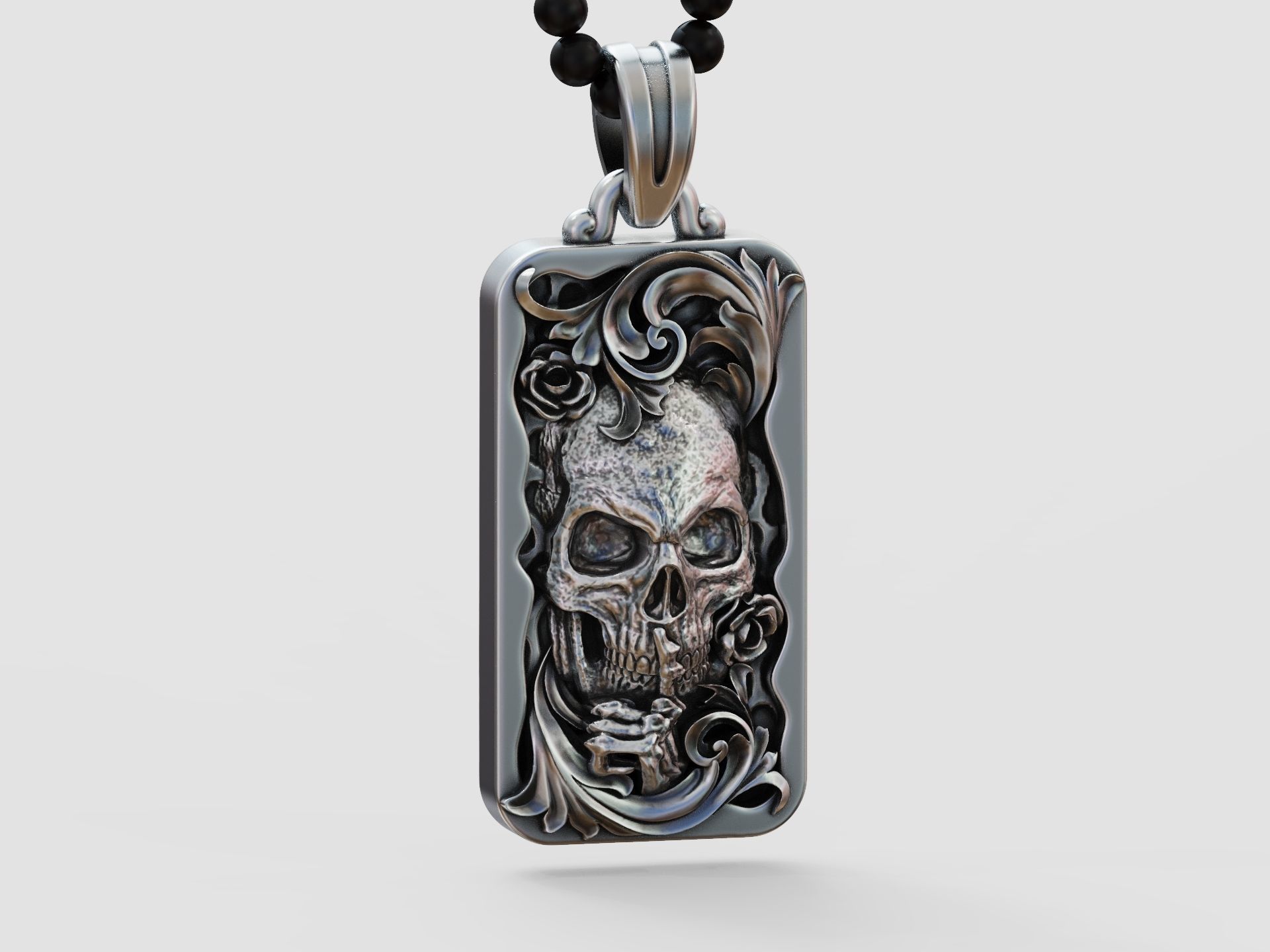 Skull skeleton floral scrolls roses pendant 3D print model_3