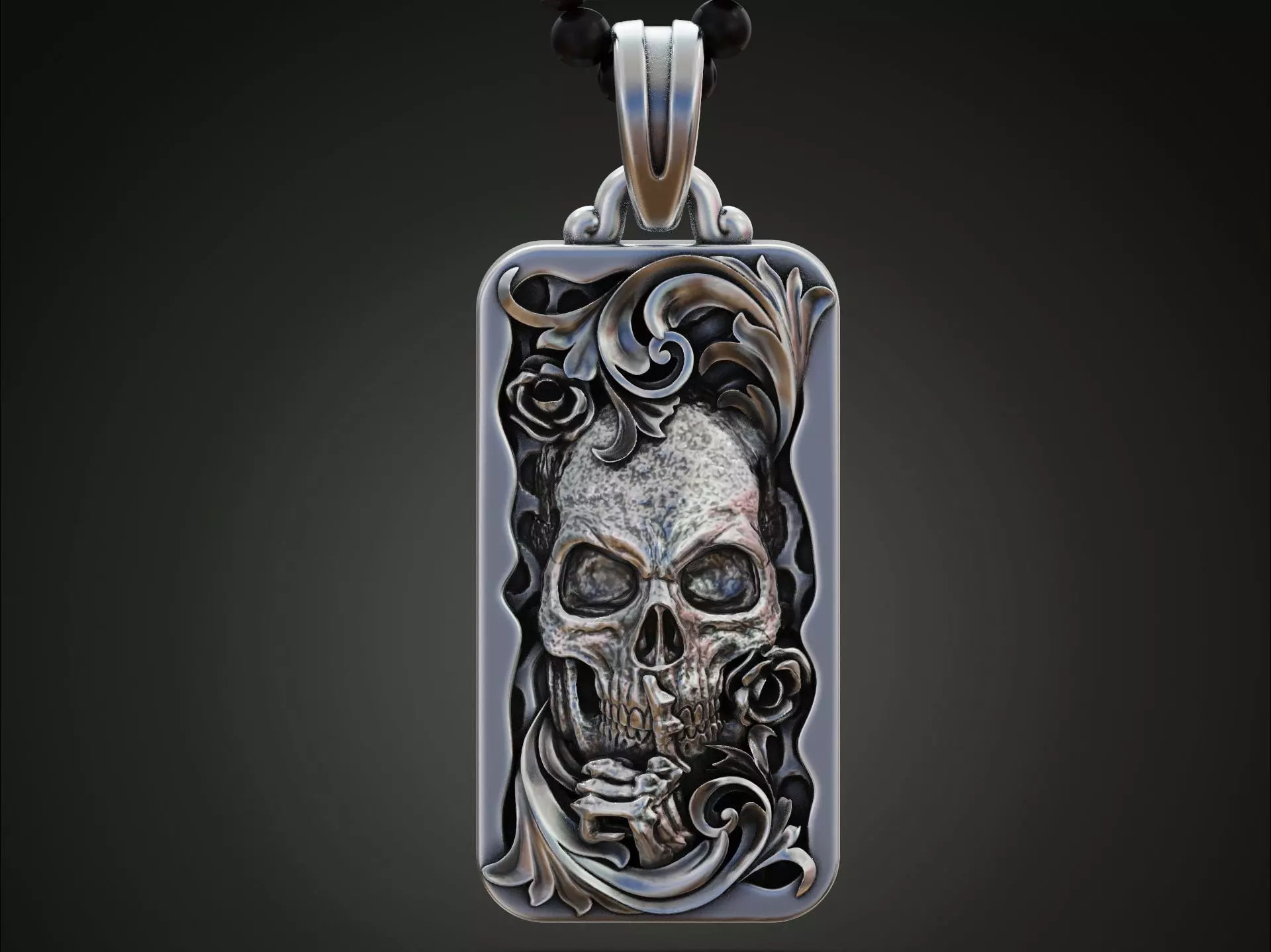 Skull skeleton floral scrolls roses pendant 3D print model_0
