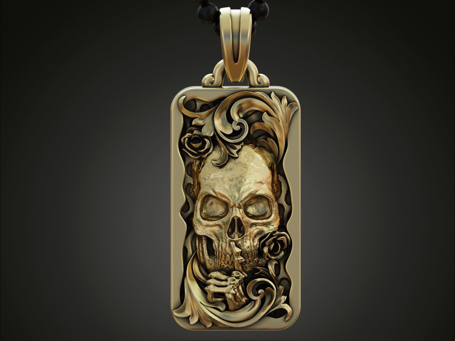 Skull skeleton floral scrolls roses pendant 3D print model_1