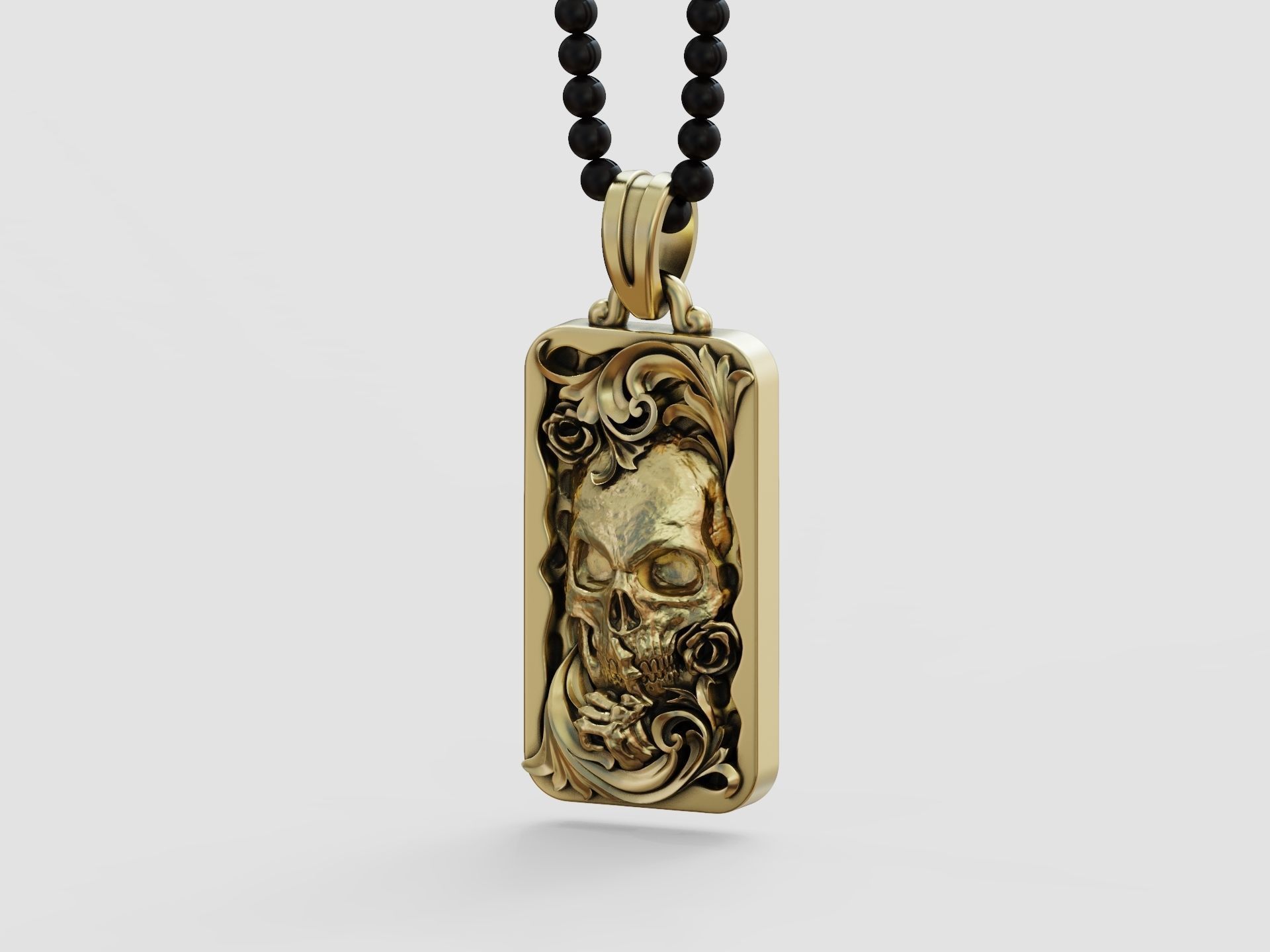 Skull skeleton floral scrolls roses pendant 3D print model_9
