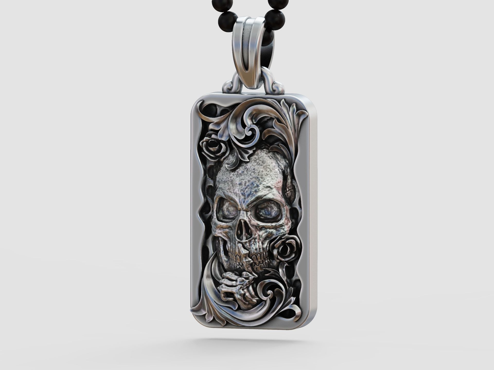 Skull skeleton floral scrolls roses pendant 3D print model_4