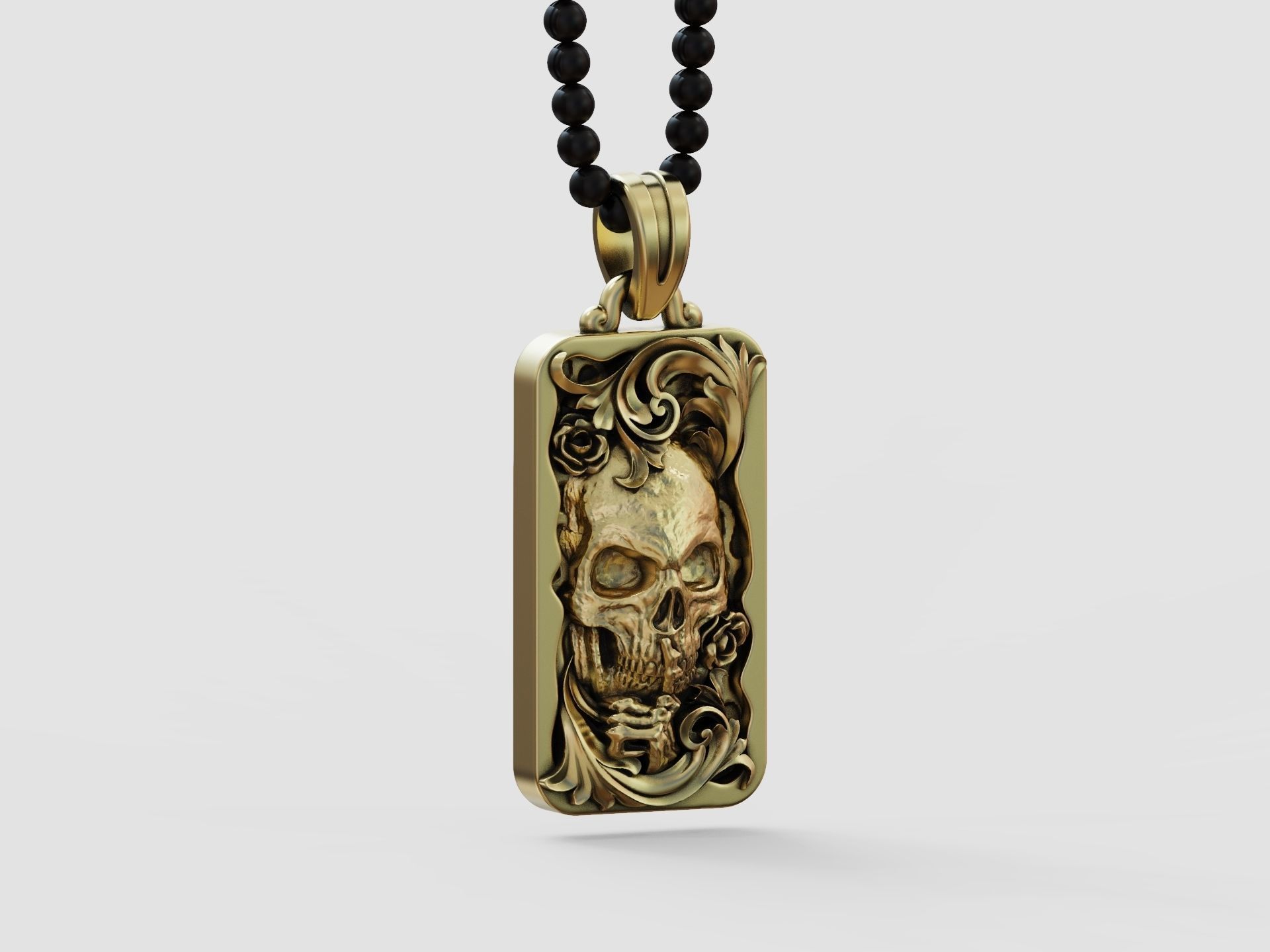 Skull skeleton floral scrolls roses pendant 3D print model_8