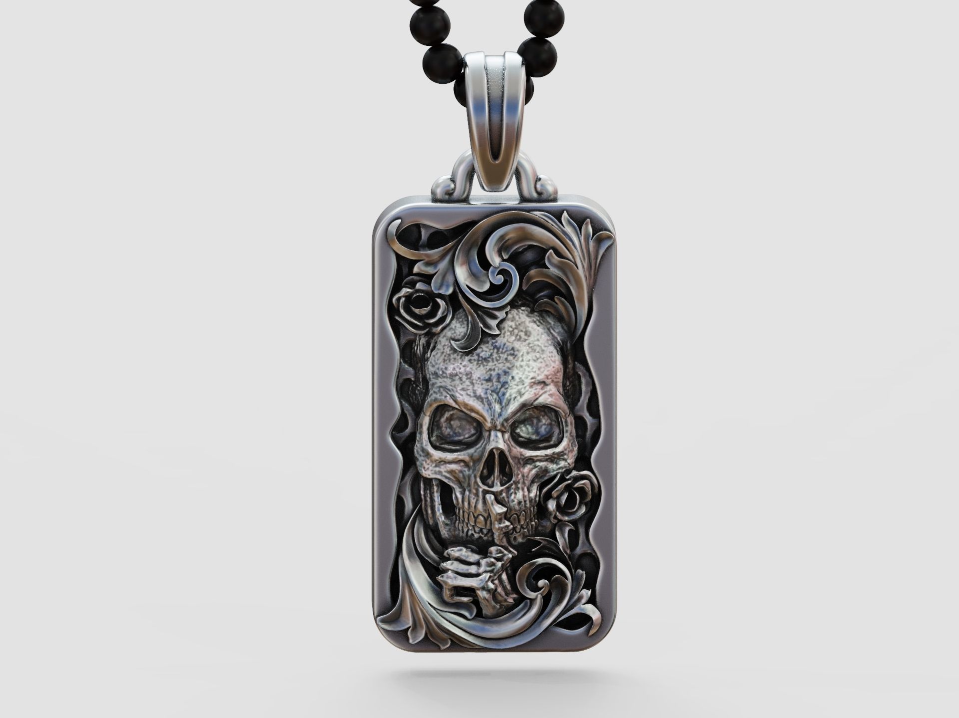 Skull skeleton floral scrolls roses pendant 3D print model_2