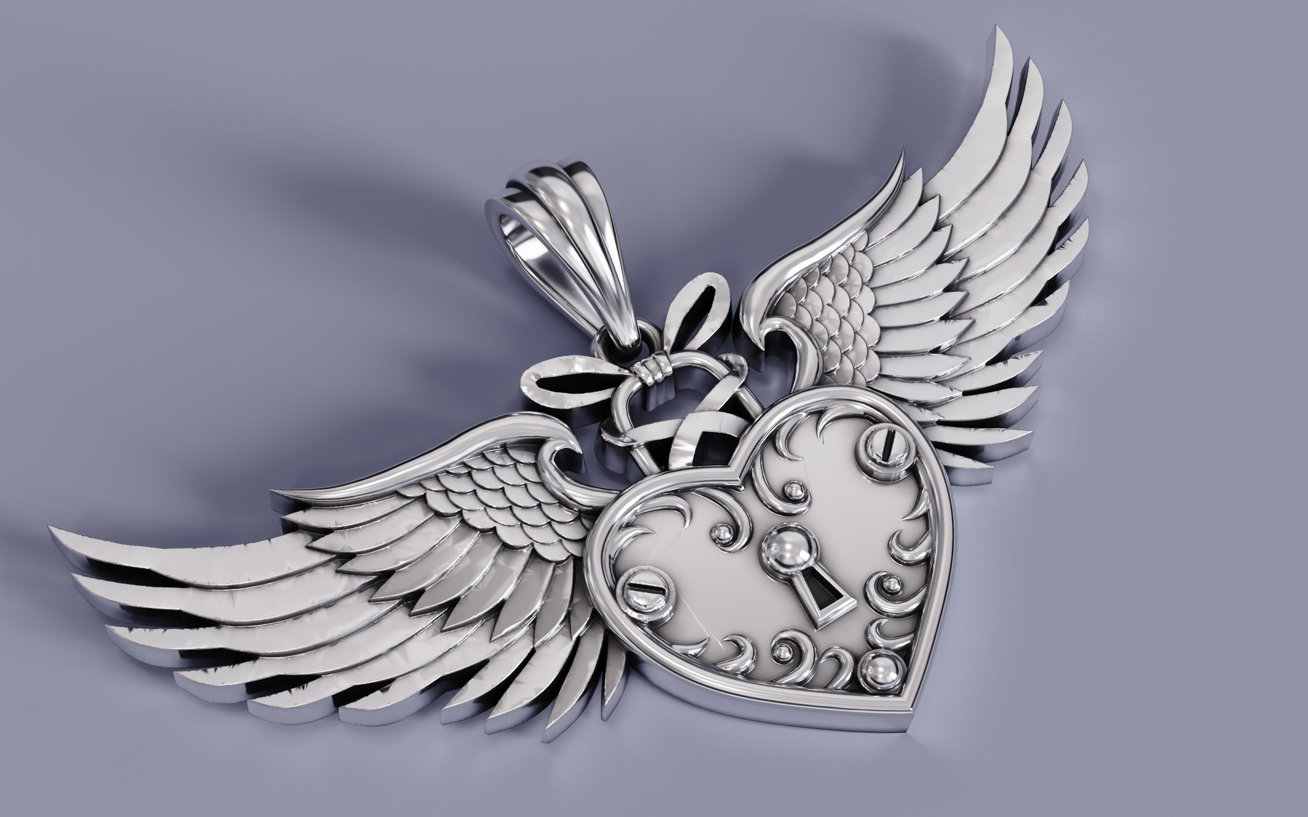 Heart with wings and key  3D print model_1