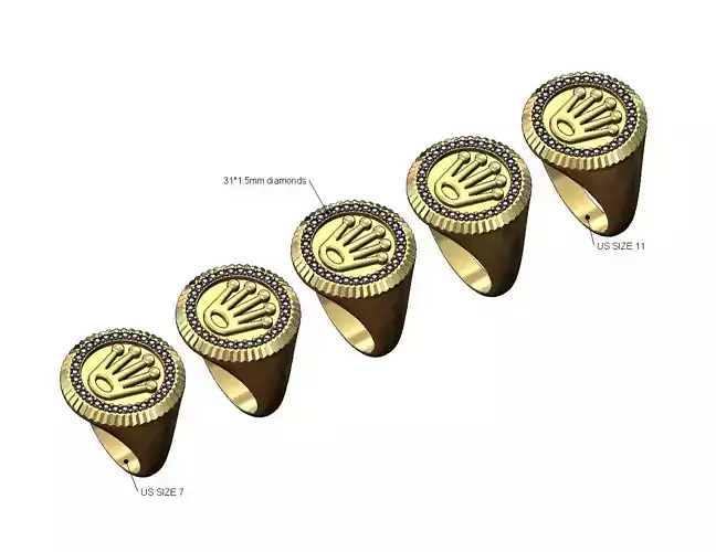 Fluted watch crown round diamond signet ring US sizes 7to11