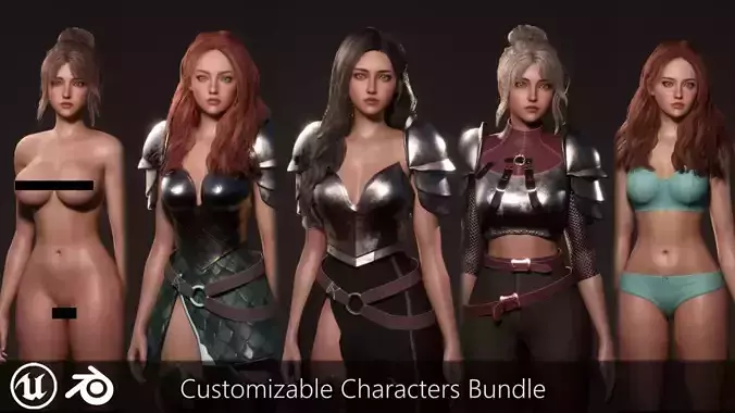 F3 Fantasy Warrior Girls Bundle Low-poly 3D model