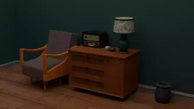  Cabinet with Chair-Vase-Radio