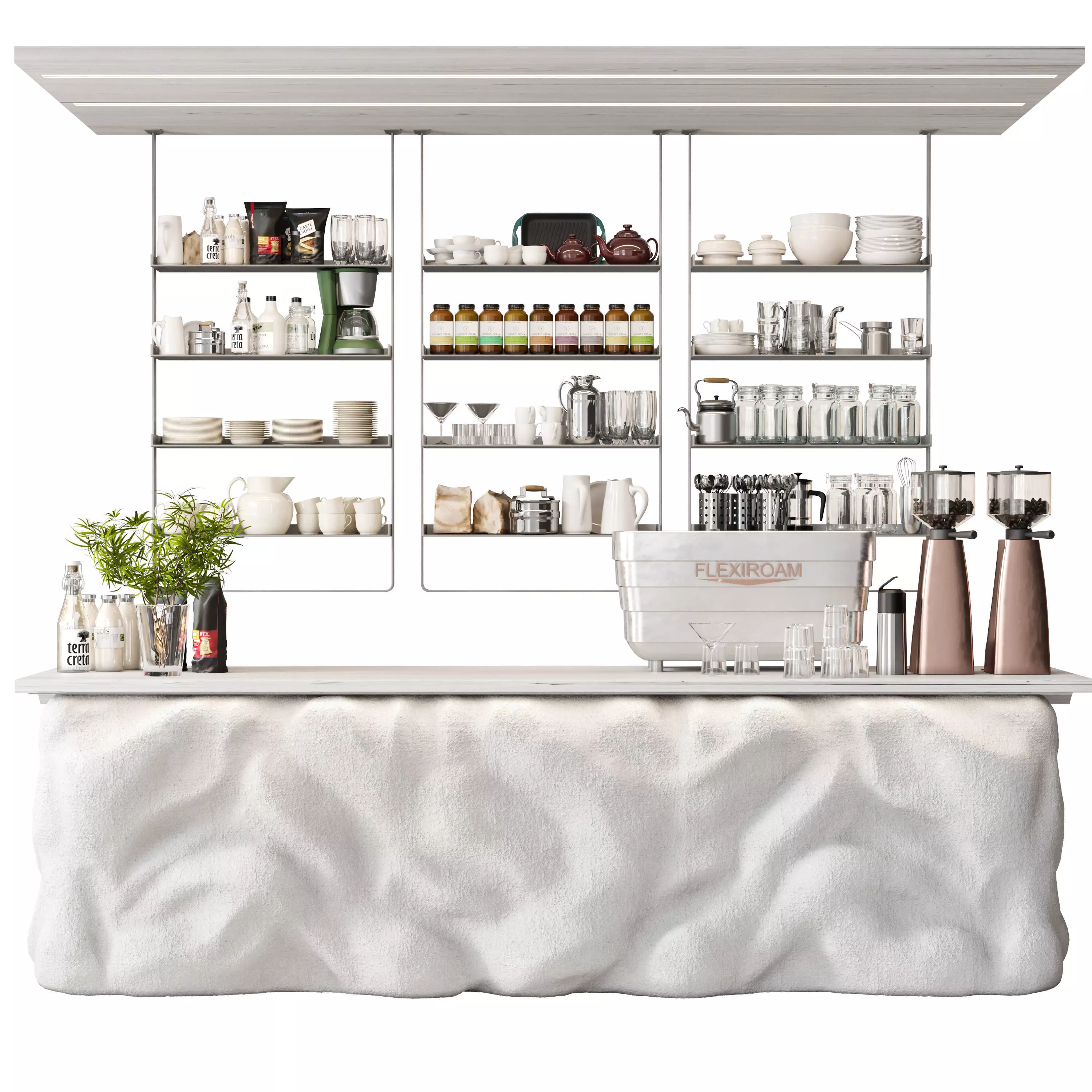 Design project of a coffee shop with dishes and coffee machine 3D model_0