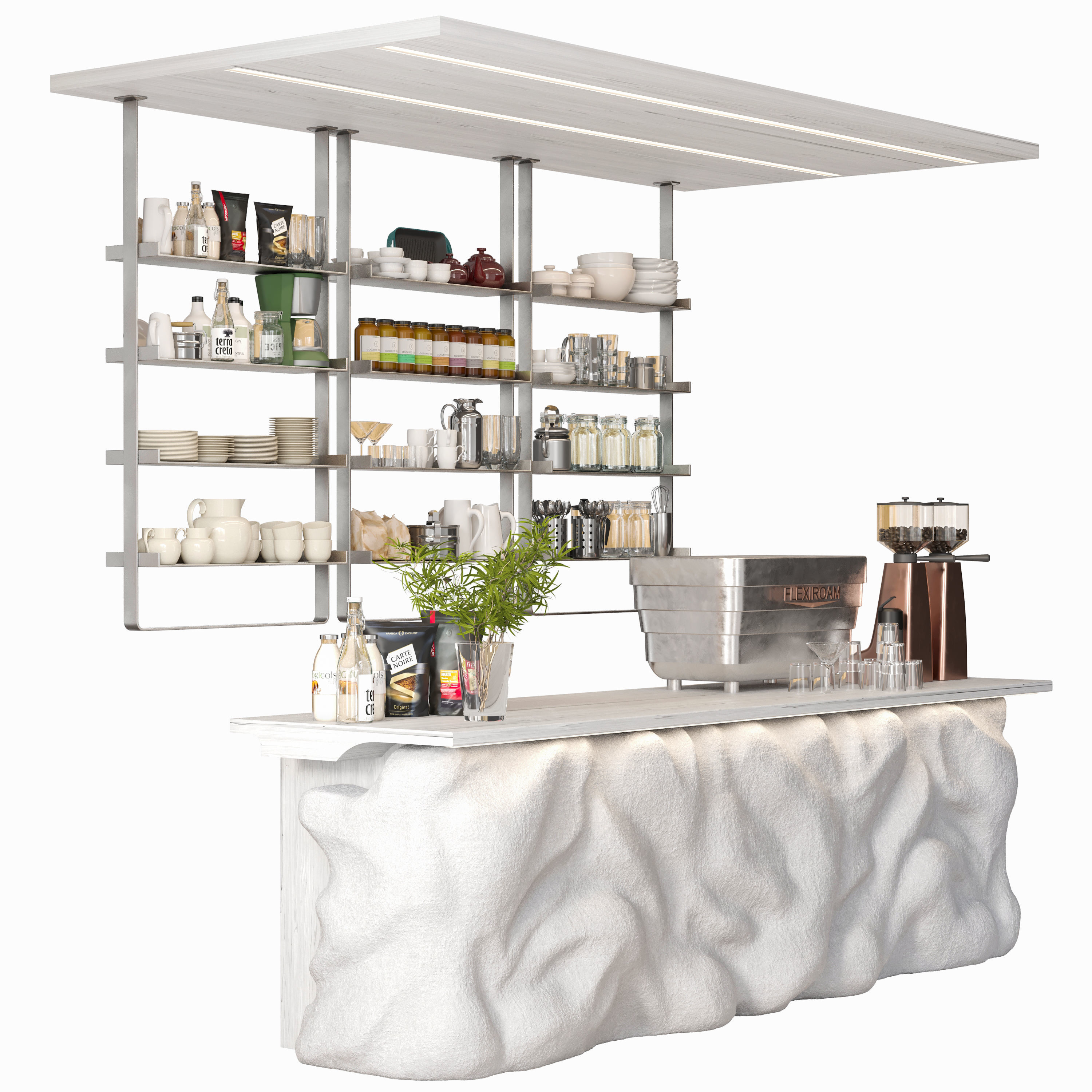 Design project of a coffee shop with dishes and coffee machine 3D model_3