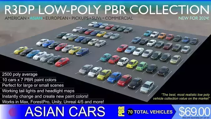 R3DP ASIAN CARS LOW-POLY PBR COLLECTION - 70 Total Vehicles Low-poly 3D model