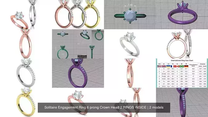 Solitaire Engagement Ring 6 prong Crown Head 2 RINGS INSIDE