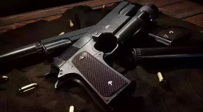 M1911A1 Pistol Flashlight and Suppressor Bundle Pack Low-poly 3D model