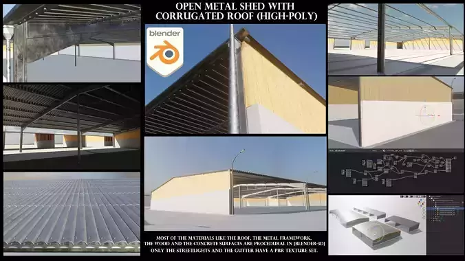 Open Metal Shed With Corrugated Roof 3D model