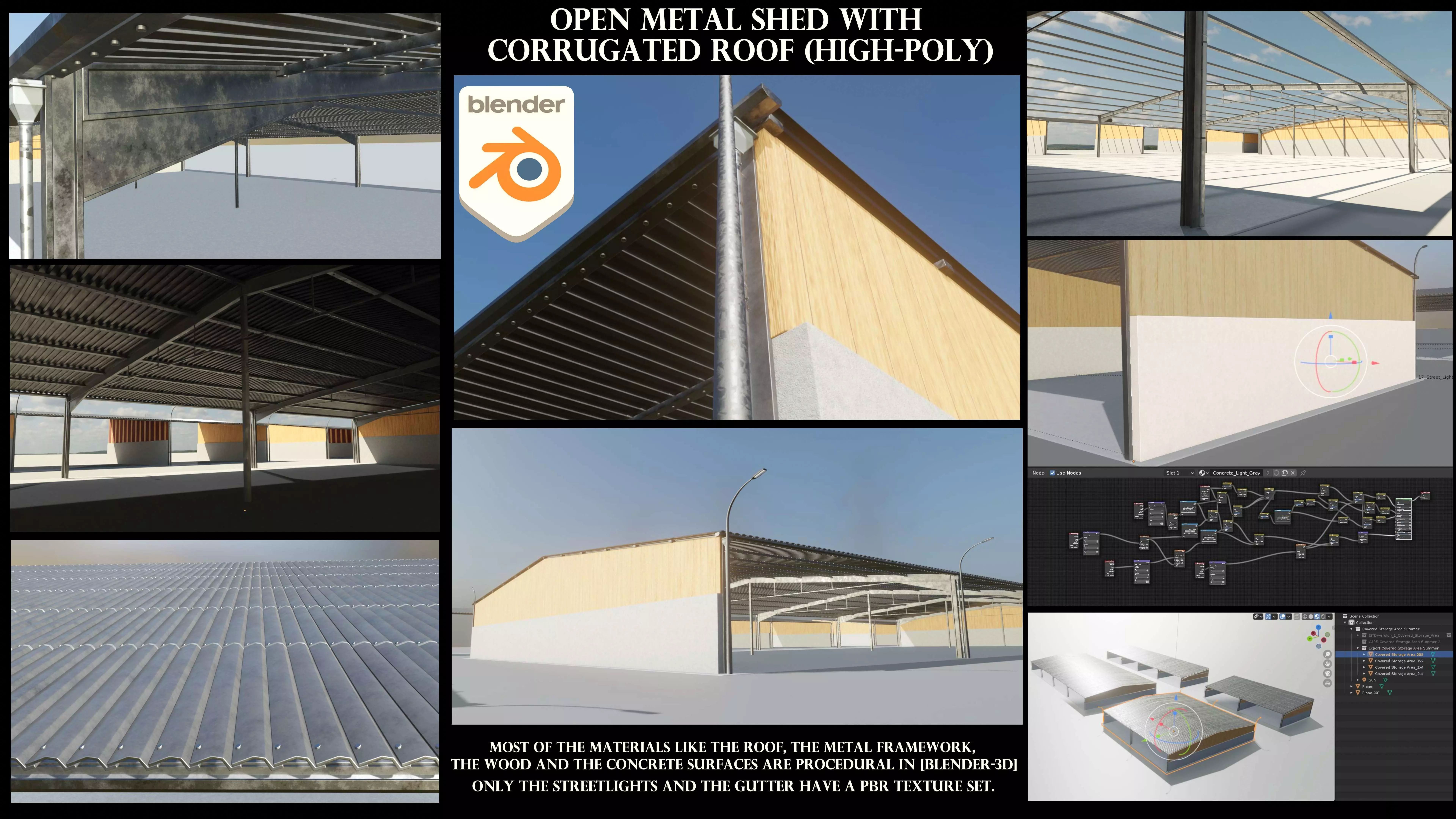 Open Metal Shed With Corrugated Roof 3D model_0