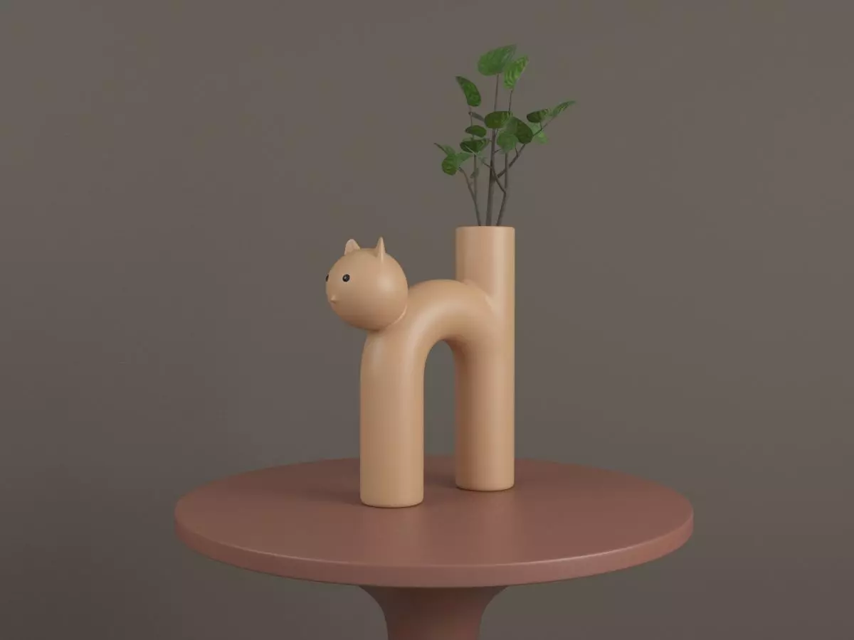 Vase Meow with Flower and Coffee Table 3D model_0