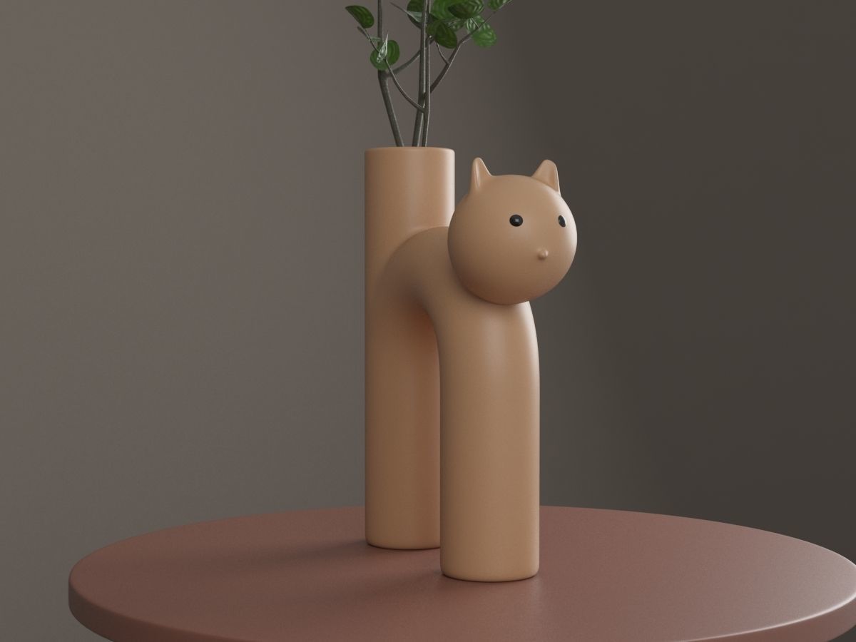 Vase Meow with Flower and Coffee Table 3D model_1