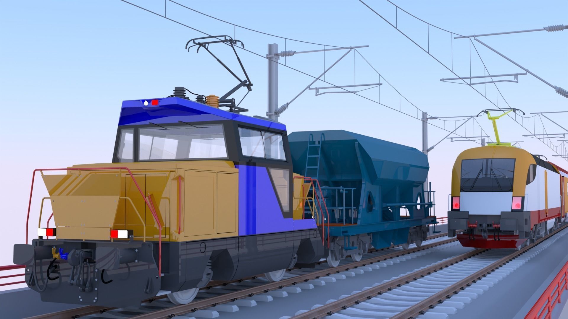 Bridge with passenger and cargo trains 3D model_8