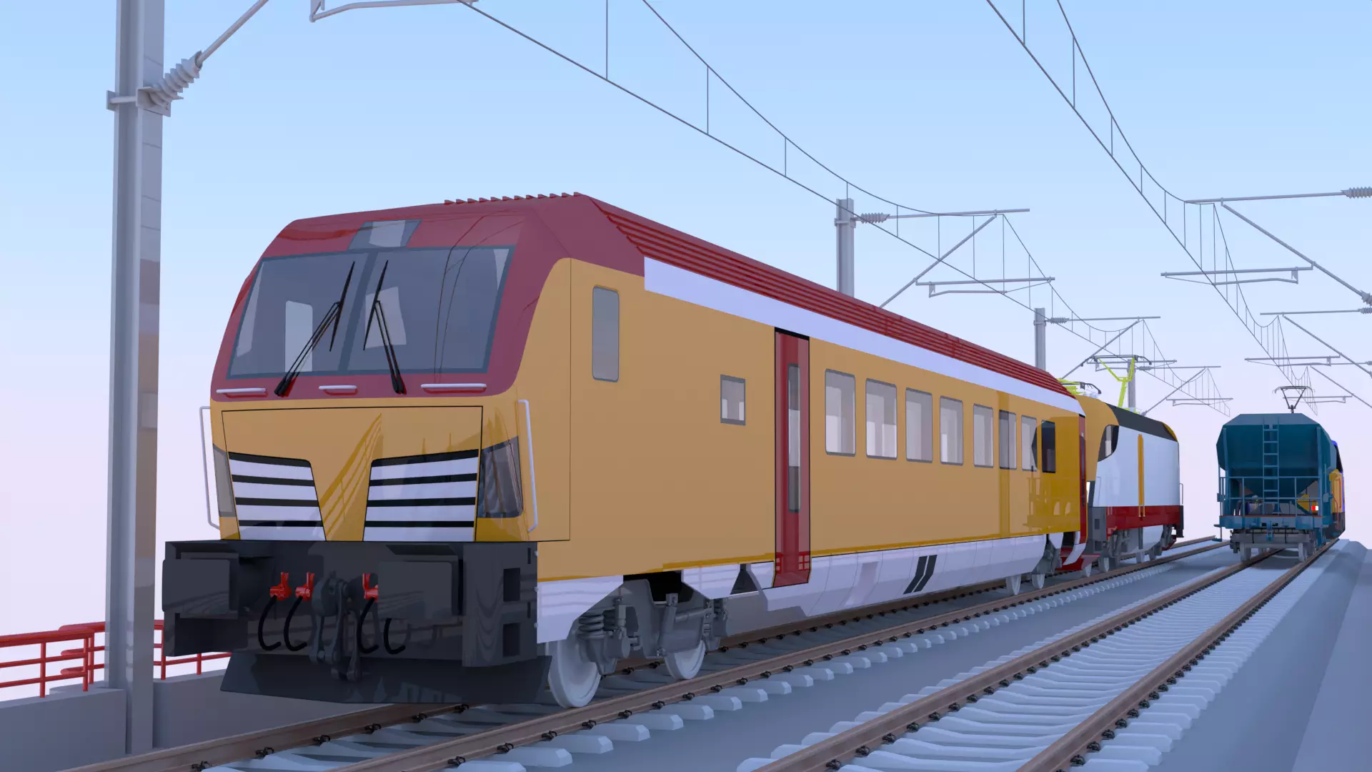 Bridge with passenger and cargo trains 3D model_0