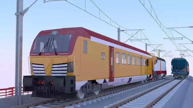 Bridge with passenger and cargo trains 3D model