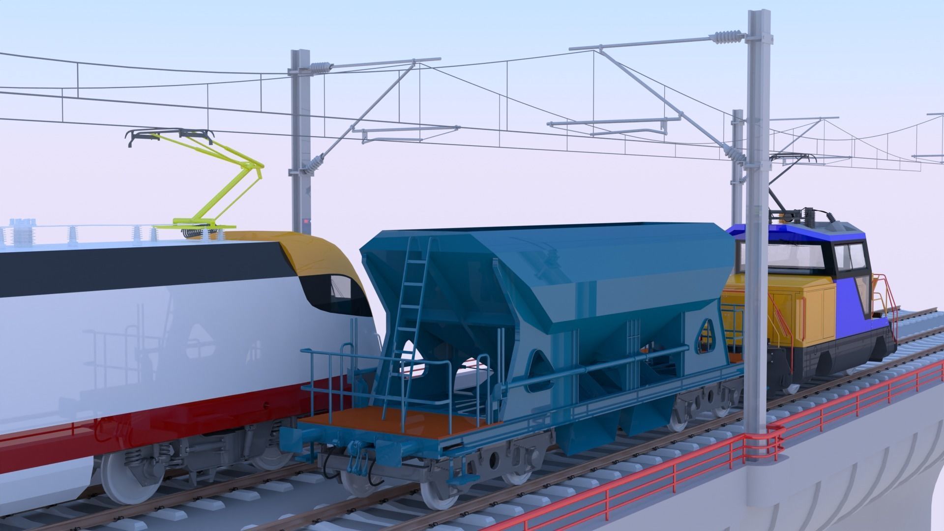 Bridge with passenger and cargo trains 3D model_10