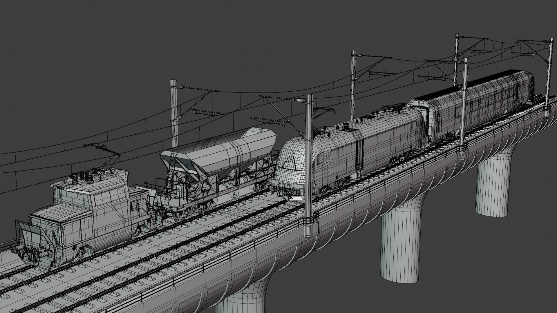 Bridge with passenger and cargo trains 3D model_3