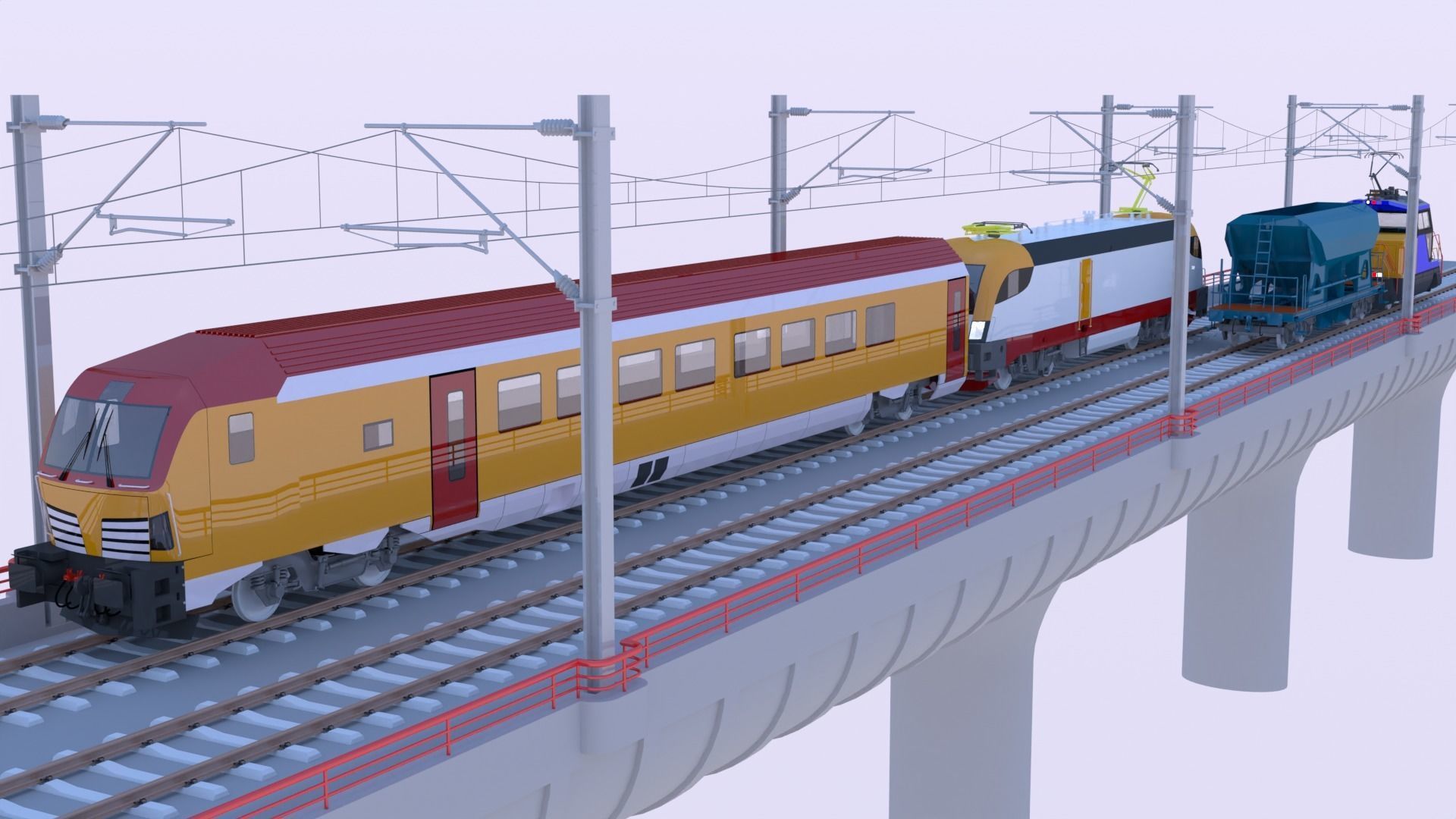 Bridge with passenger and cargo trains 3D model_4