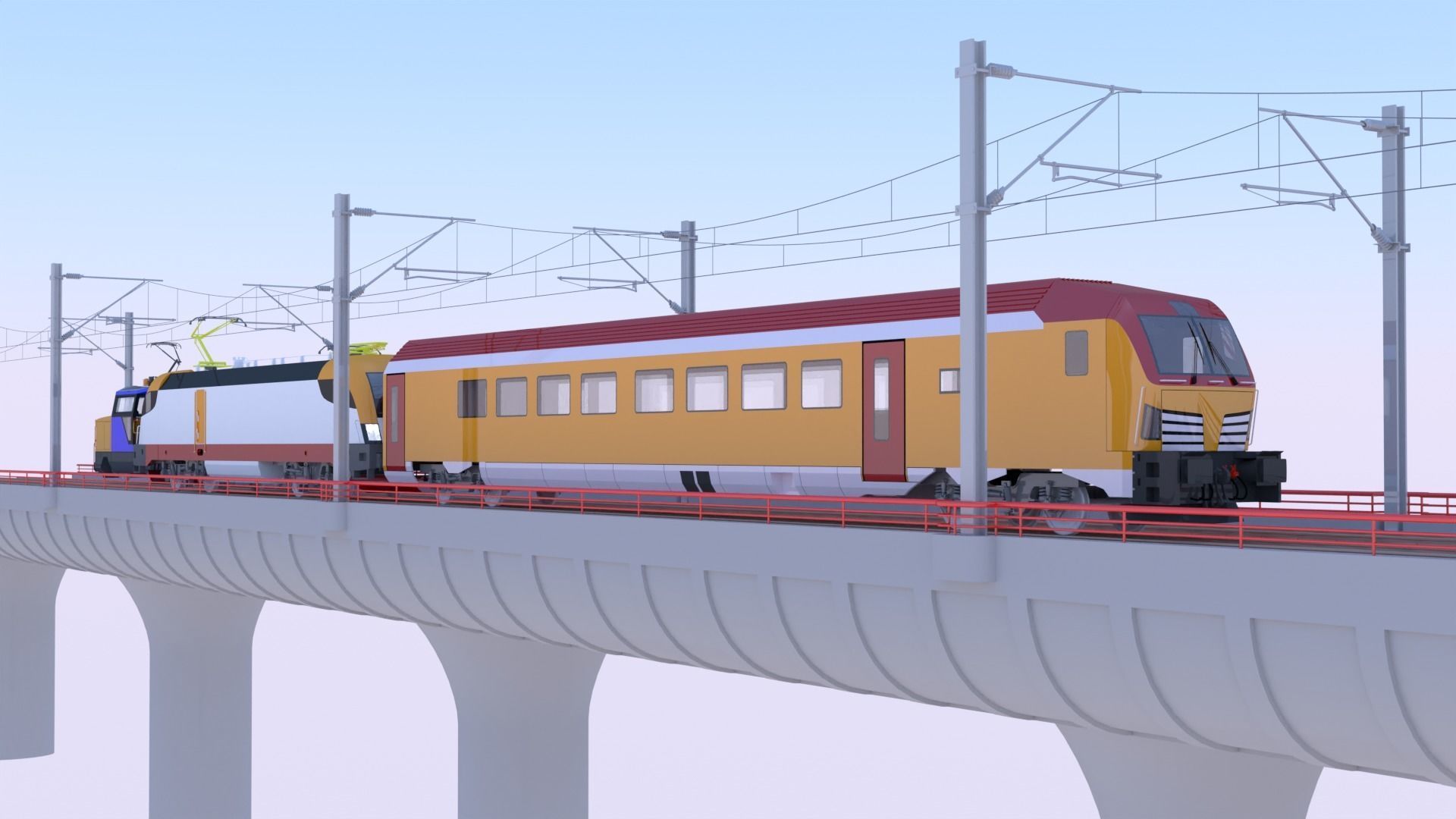 Bridge with passenger and cargo trains 3D model_6