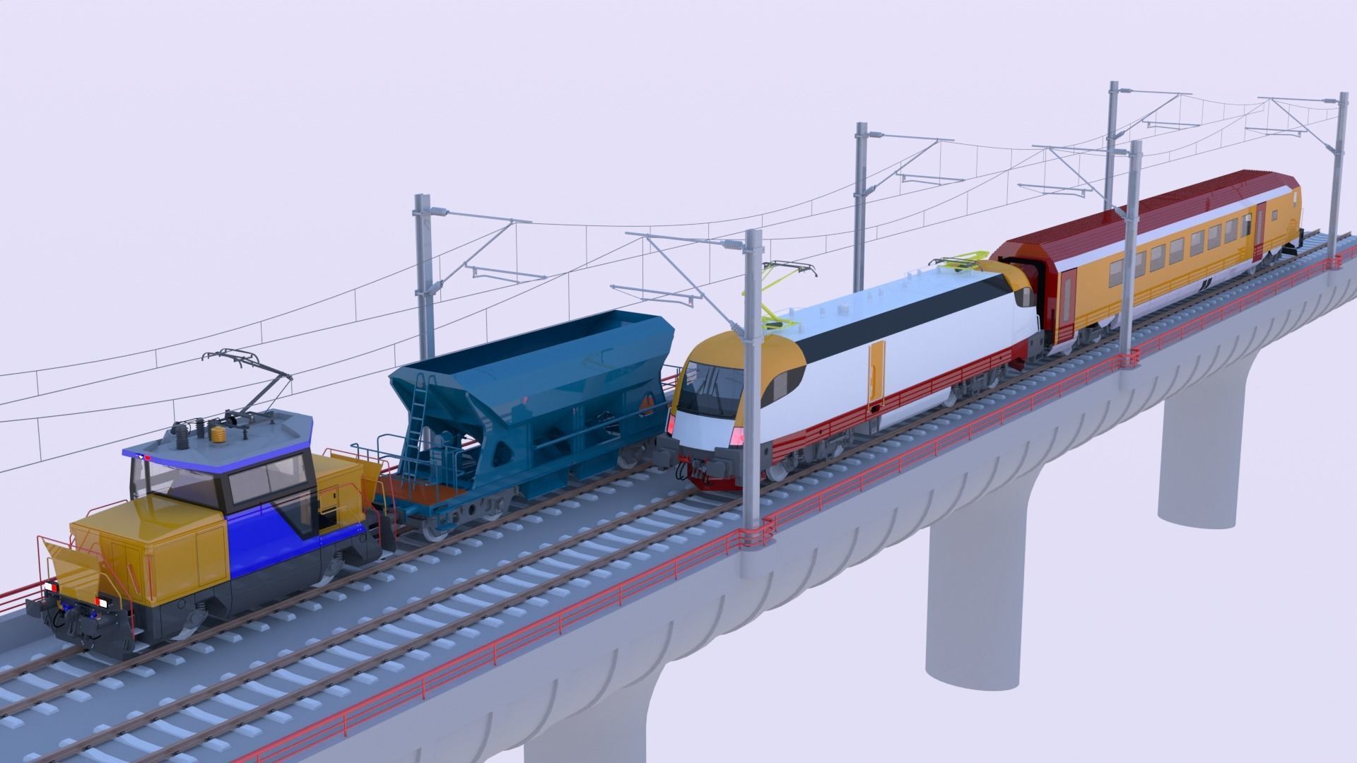 Bridge with passenger and cargo trains 3D model_2
