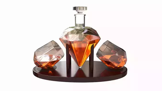 Diamond Whisky Decanter With Glasses And Wooden Holder