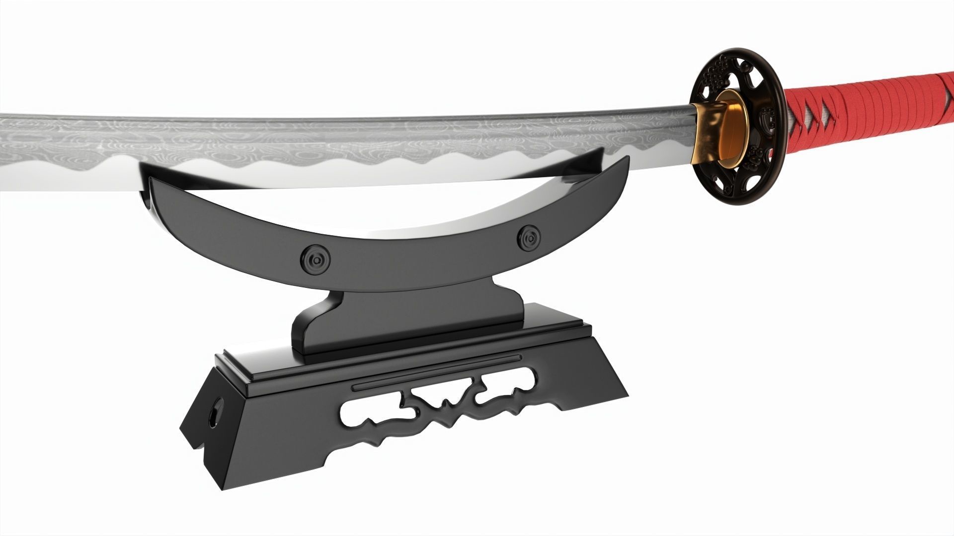 Japanese sword Katana on a small stand 3D model_4