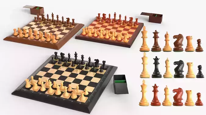 Three different wooden chess pieces and boards