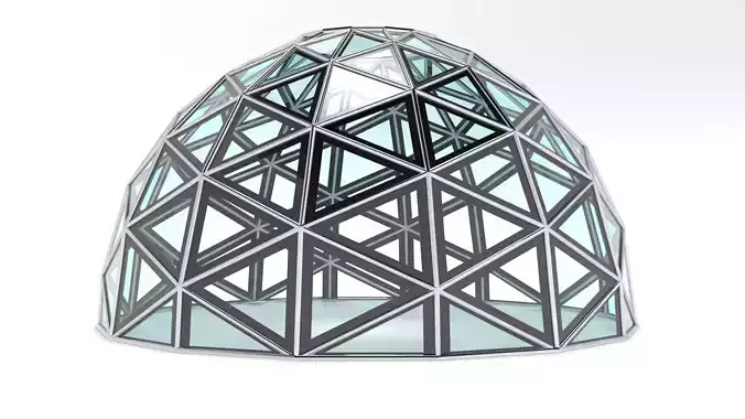 Triangulated Wireframe Dome with Frames and Glass Panels