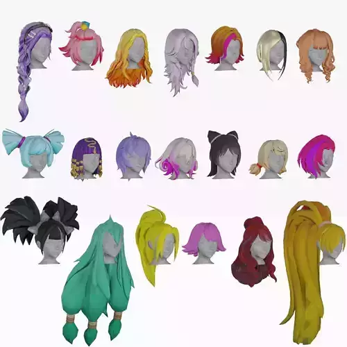 20 Stylized Female Hair Models Pack 1 - Low Poly