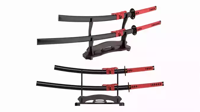 Japanese two sword Katana Wakizashi on a stand 3D model