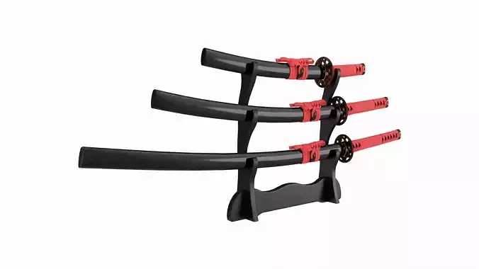 Katana Wakizashi Tanto Set on a Stand 3D model