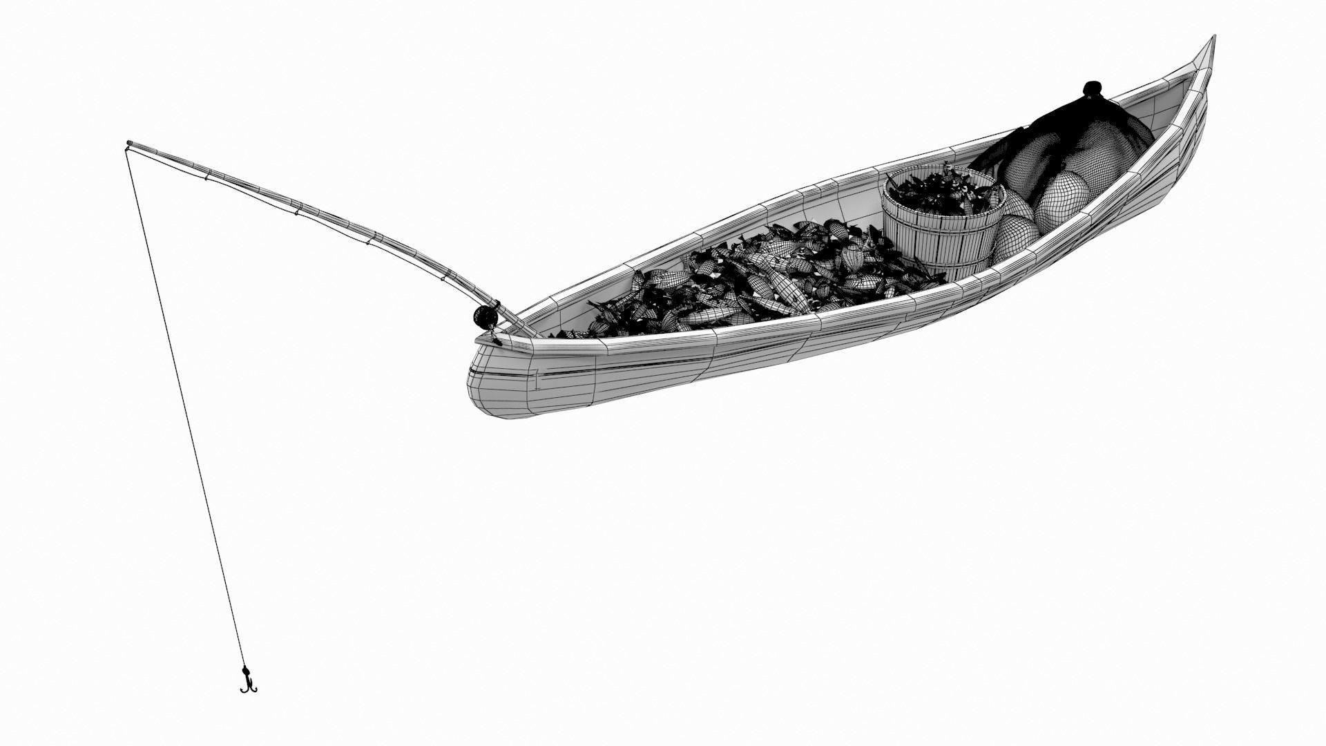 Small Wooden Fishing Boat Full with Fish 3D model_7